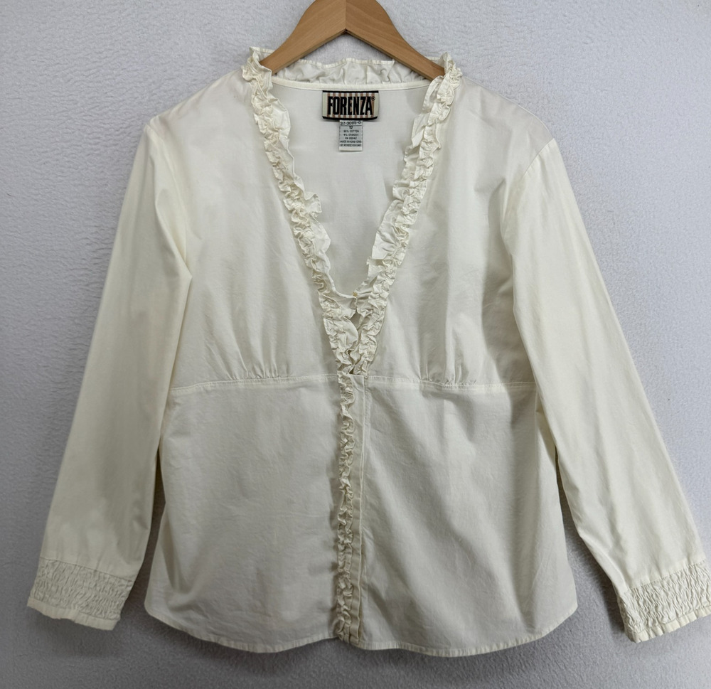 FORENZA Top 12 Ruffled Trim V-Neck Smocked Blouse Off White VTG 80s Mall HK